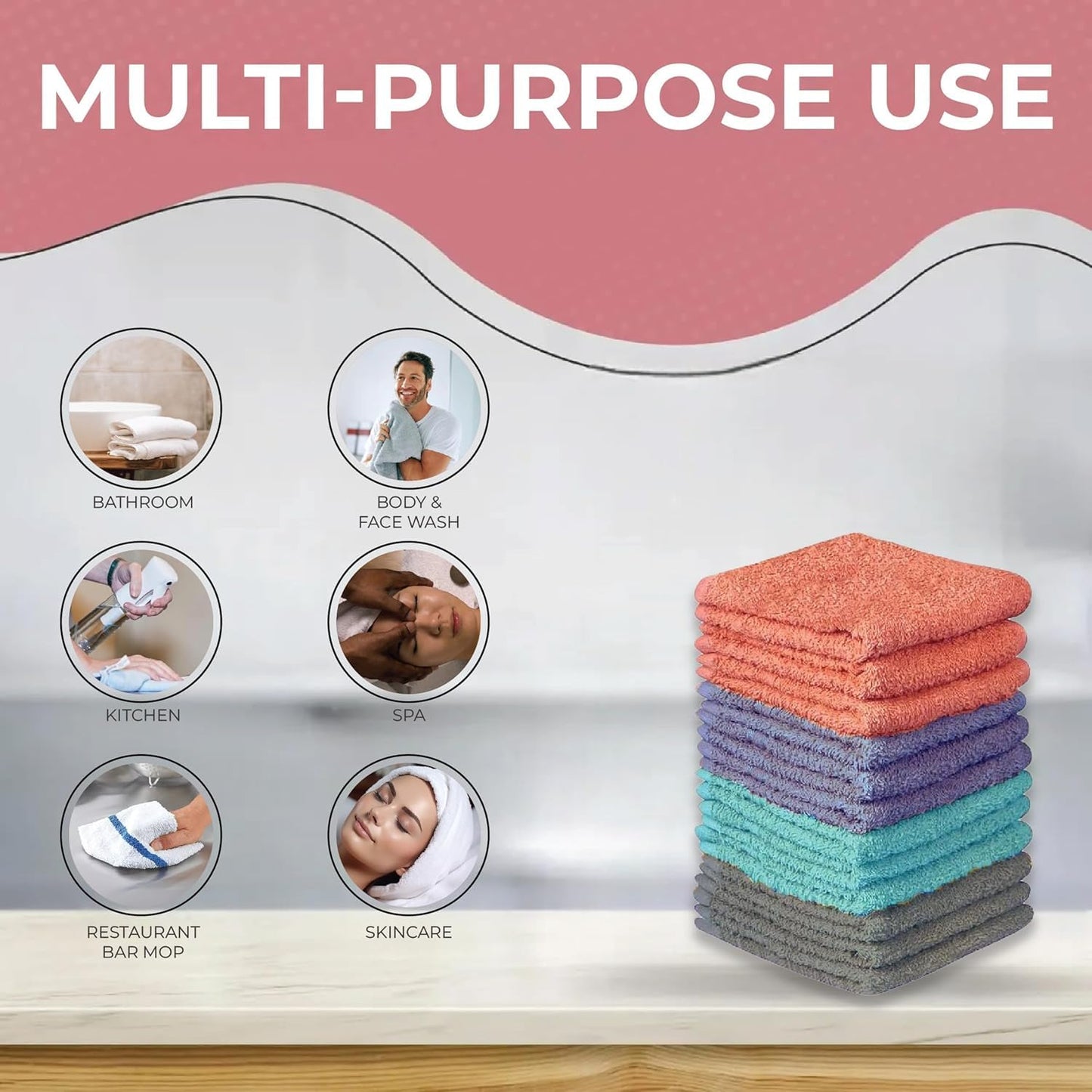 Petal Cliff Washcloths 15 Pack, 100% Cotton Washcloths, Soft, Extra Absorbent Wash Cloths - Machine Washable, Size 11 X 11 inch.