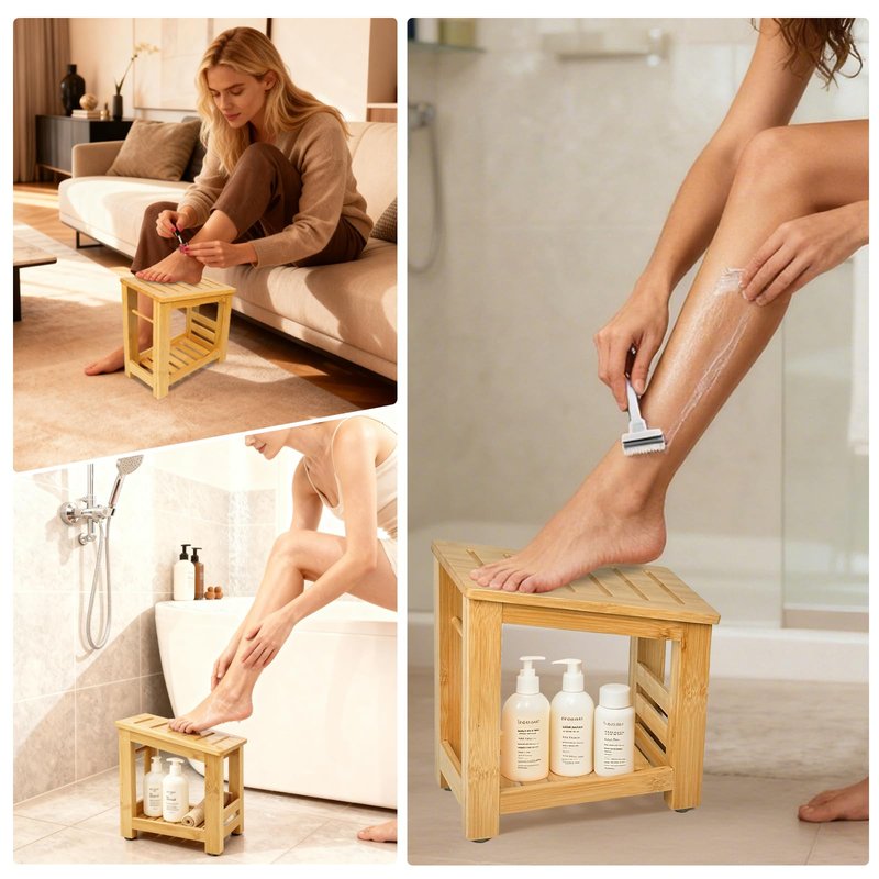 Forest Manor Bamboo Shower Foot Rest Stool for Shaving Legs & Pedicure, Non-Slip Bathroom Foot Step with Storage Pocket, Solid & Water-Resistant,Natural