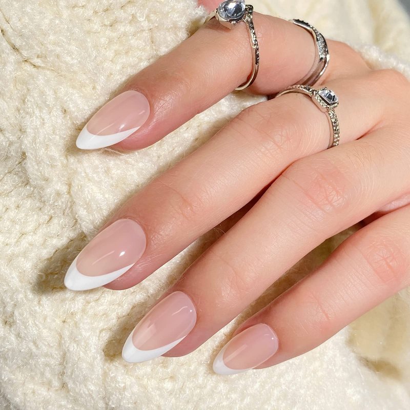 BTArtbox Press On Nails Short - Almond French Tip Press On Nails with Glue for Women, Soft Gel Glue On Nails in 16 Sizes - 32 Stick On Nails Kit, White French