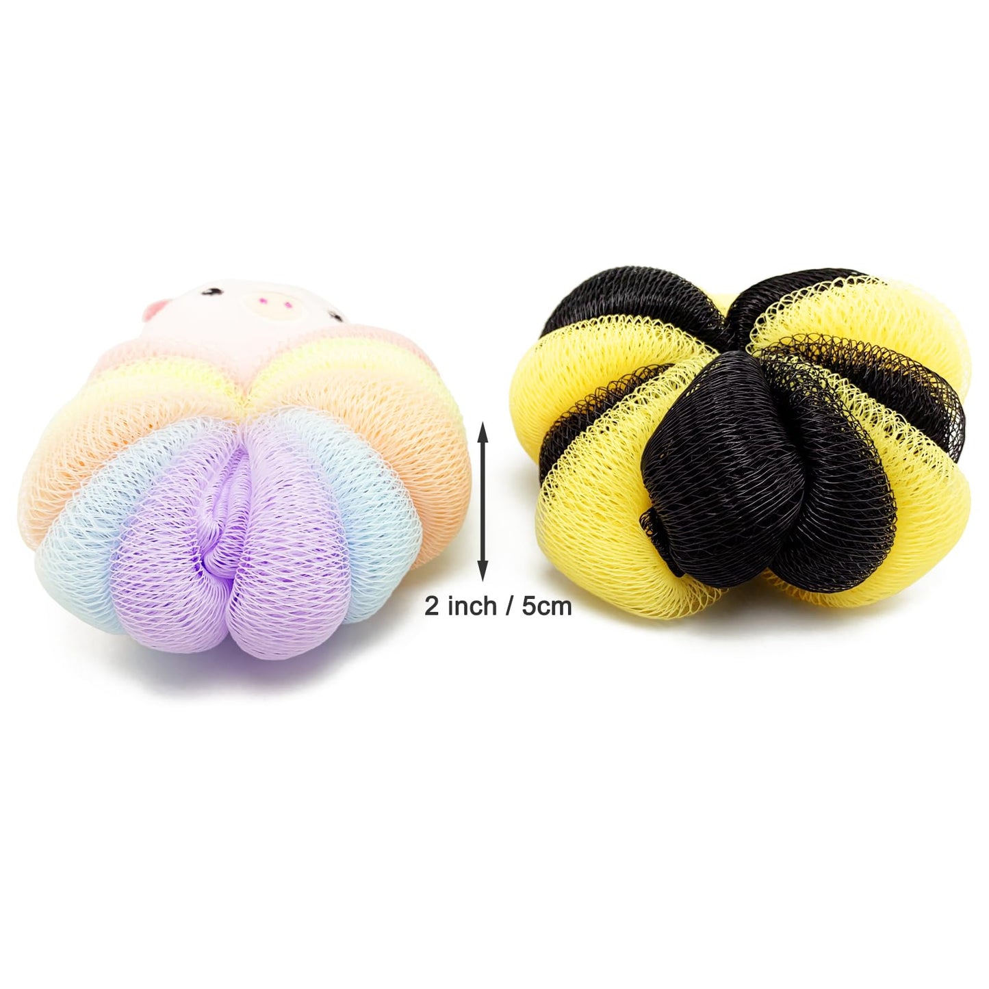 BETITETO Bath Sponges 2Pieces Cute Cartoon Animal Bath Loofahs Pouf Mesh Balls Body Scrubber Bathing Accessories Gifts for Women (Bee + Pig)