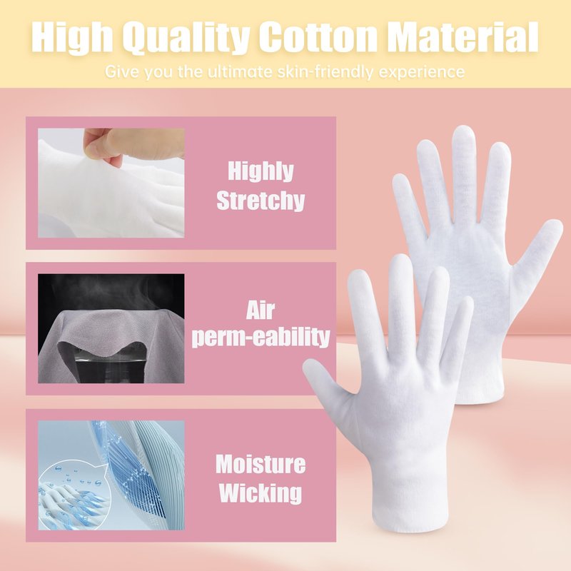 HandLove Premium 100% Cotton Gloves | Moisturizing Gloves for Dry Hands | Overnight Sleeping & Eczema | Pure White, 12 Pairs, Christmas Dress-Up Gloves