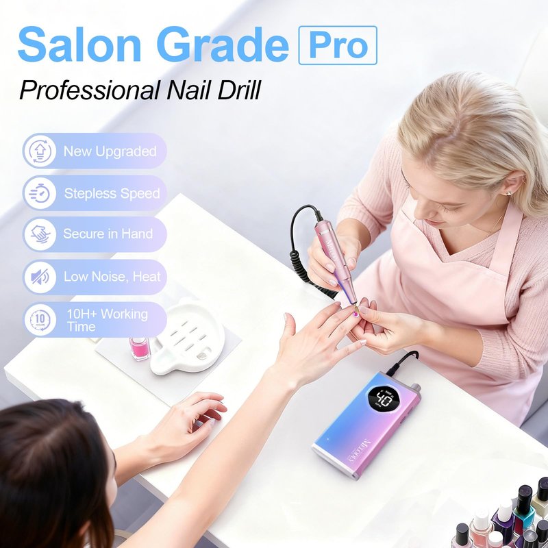 Electric Nail Drill File Professional 40000 RPM, Melodly Rechargeable Electric Nail File Machine Kit for Acrylic Gel Nails Polishing Removing, Portable Cordless Efile with Gold Bits at Salon Home