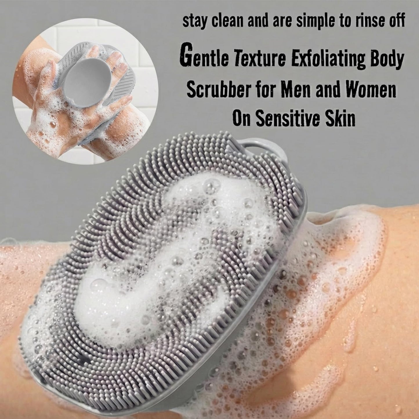 ARIOSOX, Soft Silicone Body Scrubber, Face Scrubber Silicone, Gentle Texture Exfoliating Body Scrubber for Men and Women On Sensitive Skin, Back Large Suction Cup for Easy Dry and Store (Gray)