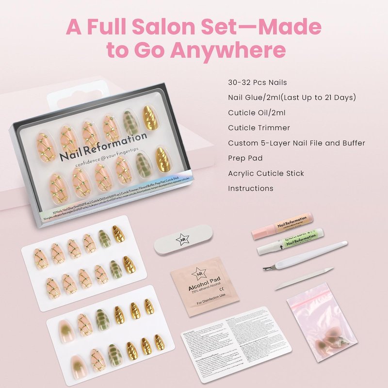 Nail Reformation Press On Nails, Treasure Lines | Short Almond Fake Nails in Jade Green with Jewel Gold Accents in Glossy Finish, Reusable Stick On Nails in 16 Sizes - 32 Nail Kit for Women Gifts