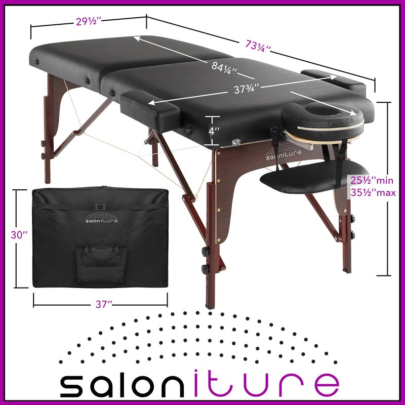 Saloniture Professional Portable Lightweight Bi-Fold Memory Foam Massage Table with Reiki Panels - Includes Headrest, Face Cradle, Armrests and Carrying Case - Black
