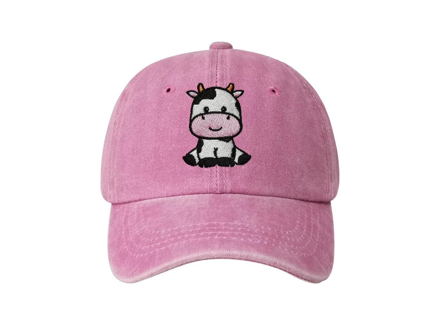 Hepandy Embroidered Cute Cow Hat for Girl, Washed Pink Baseball Cap for Kids, Embroidery Adjustable Trucker Hats for Child