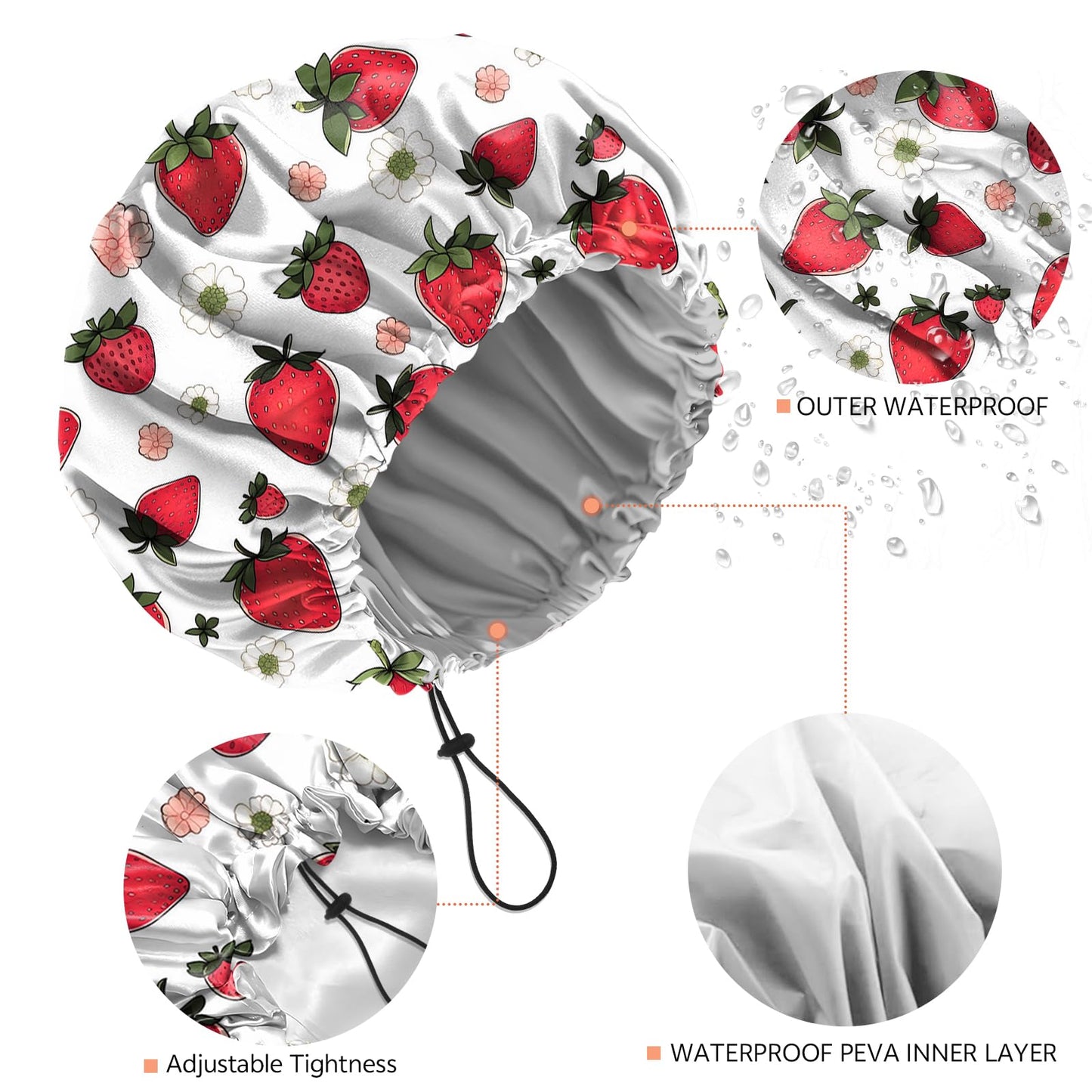 BHAHB Shower Cap Reusable Double Layer Adjustable Elastic Waterproof EVA Hair Bath Caps for Women Girls Cute Aesthetic-Strawberry
