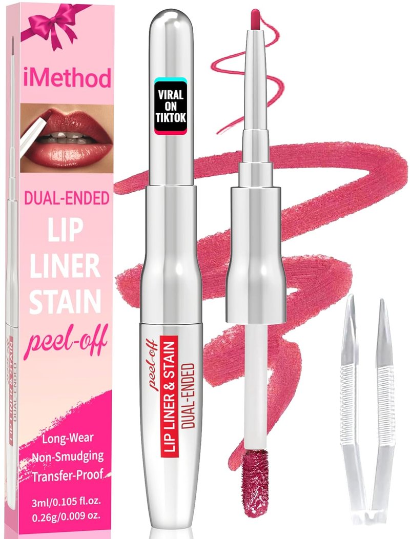 iMethod Lip Liner Stain - Long-Lasting 2-In-1 Dual-Ended Peel Off Lip Stain with Tweezer | Natural Rose Color