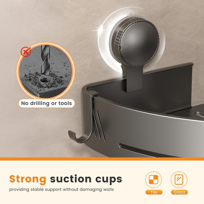 PHX Grove Corner Shower Caddy 2-Pack, Suction Cup Shower Organizer with Hooks, No Drilling Rustproof Aluminum Floating Wall Shelf, Gun Grey, Triangular (Triangular)