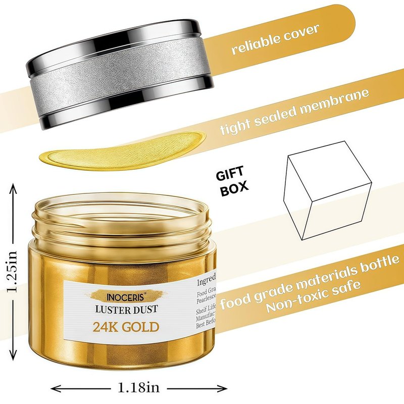 INOCERIS 24K Gold Luster Dust - Food Grade Metallic Shimmer Powder for Baking & Decorating