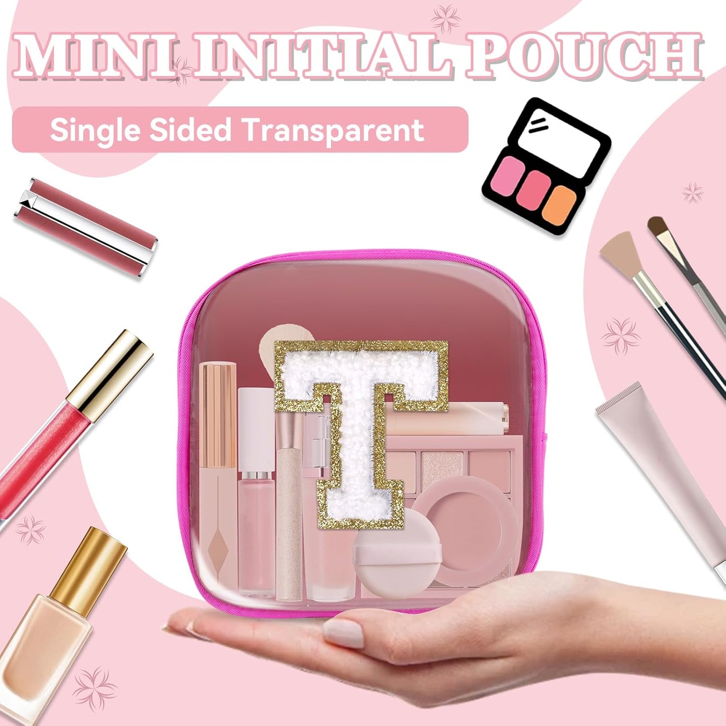 Skiennix Mini Clear Makeup Bag - Personalized Initials | Waterproof Nylon Travel Pouch (Hot Pink-White)
