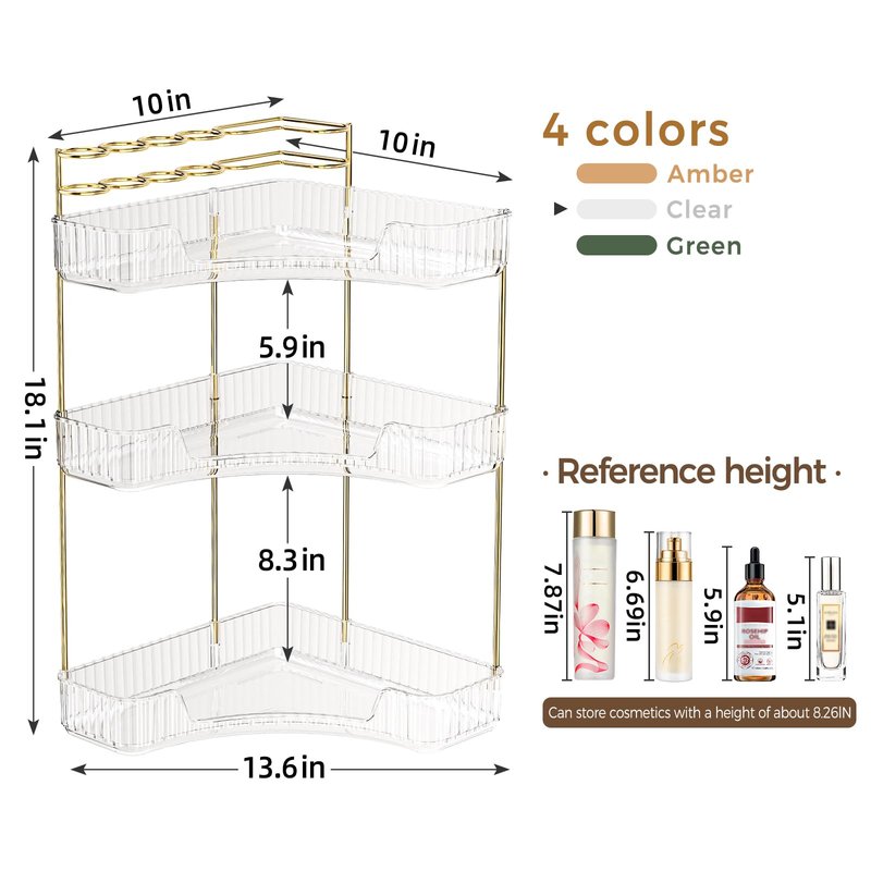 BEFSOP Corner Bathroom Counter Organizer, Upgraded 3-Tier Makeup Organizer Countertop with Makeup Brush Holder, Skincare Exquisite Vanity Organizers Countertop Bathroom Storage Dresser(CLEAR)