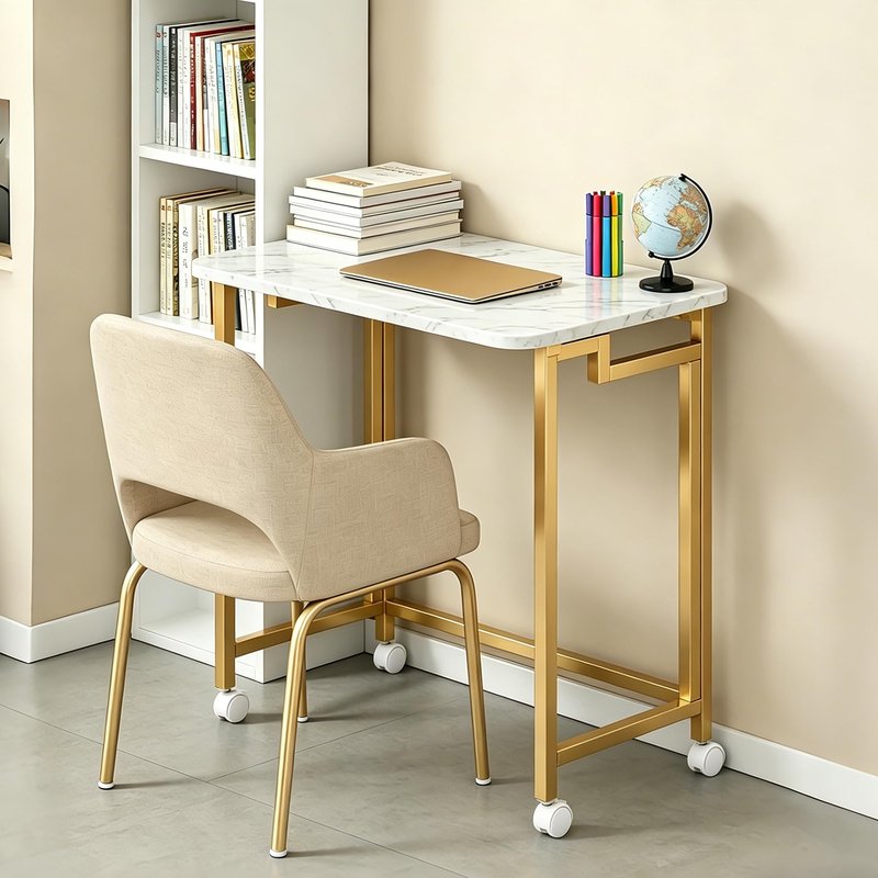 JSB Small Folding Computer Desk with Storage Bag and Hook Writing Modern Industrial Work Table Laptop for Home Office White (White&Gold, 23.6")