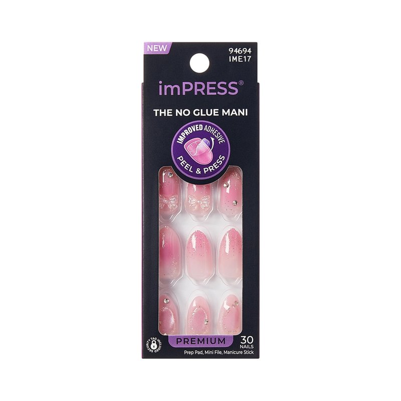 Kiss Impress No Glue Mani Press On Nails, Design, 'Venus', Pink, Medium Size, Almond Shape, Includes 30 Nails, Prep Pad, Instructions Sheet, 1 Manicure Stick, 1 Mini File
