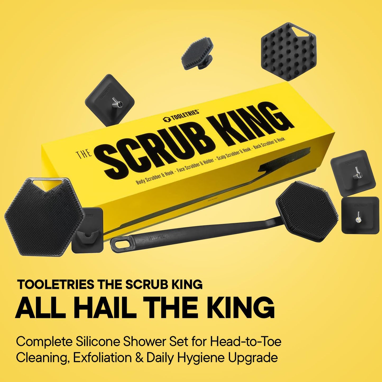 TOOLETRIES The Scrub King Complete Silicone Shower Set for Men Includes Back Brush, Body Cleaner, Face Scrubber, Scalp Massager with Adhesive Hooks and Holder, Full Body Bath Kit - Charcoal