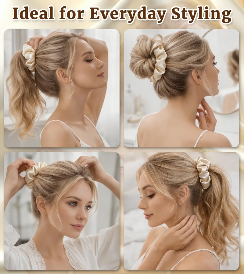LUCKYOPERA 30 Momme 100% Mulberry Silk Scrunchies for Women and Girls, Oversized XL Hair Tie for Sleeping, Soft Smooth for No Damage Hair Care Sleeping (Beige)