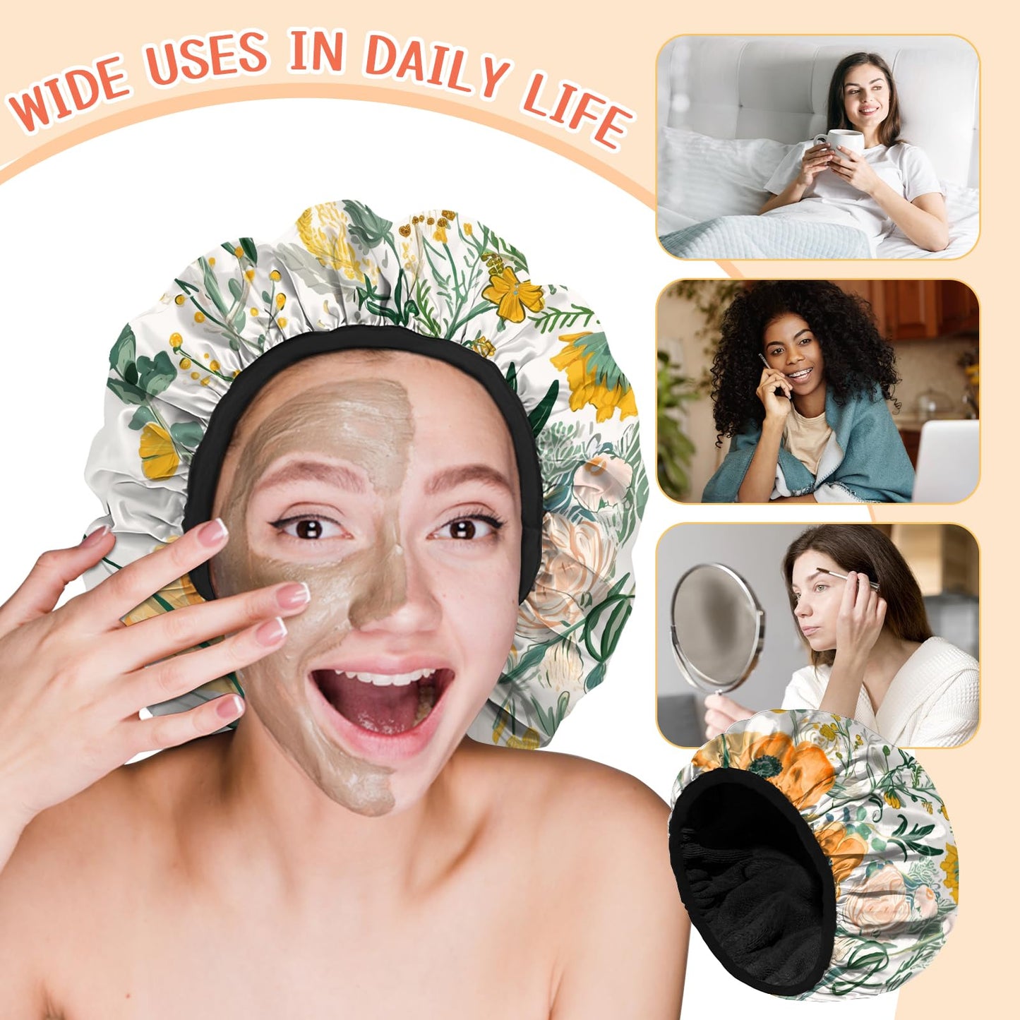 Cabreche Luxury Shower Cap Terry Lined Reusable Triple Layer Waterproof Hair Elastic Caps Shower Bath Hat for Women Girls Cute Aesthetic-Orange Flower