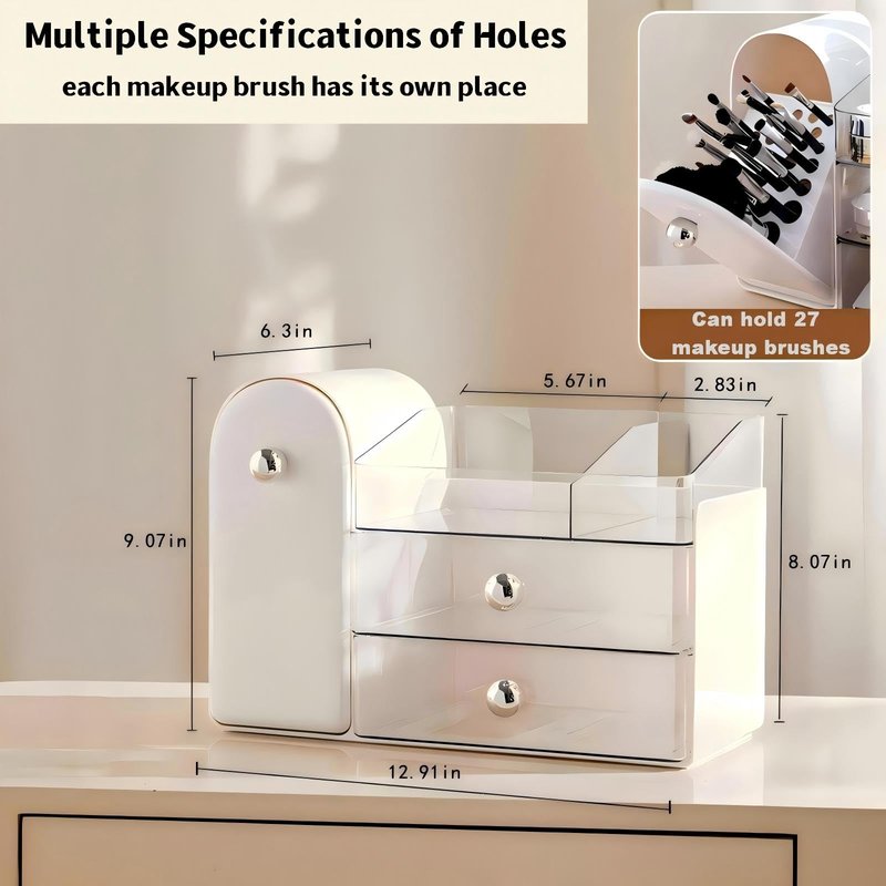 RONGZHIERK Makeup Organizer for Vanity with Covered Brush Holder，Bathroom Organizers with Drawer，Skin Care Organizer，Makeup Organizers for Vanity with Drawer，Large Makeup Storage for Dresser, White
