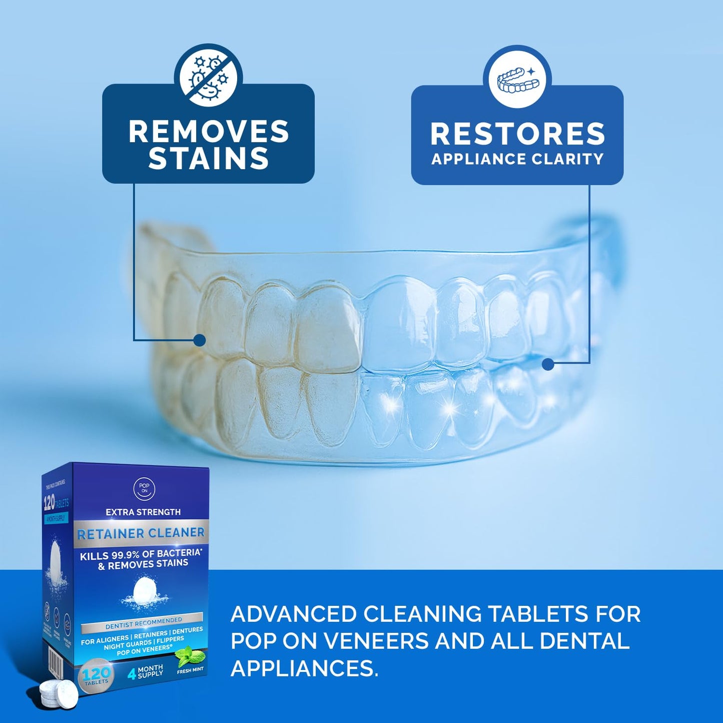 Retainer Cleaner Tablets for Invisalign Approved for Ultrasonic Cleaners -120 Denture Cleaning Tablets for Aligners, Night Guard, Mouth Guard - Denture Cleaner Tablets 4-Month Supply