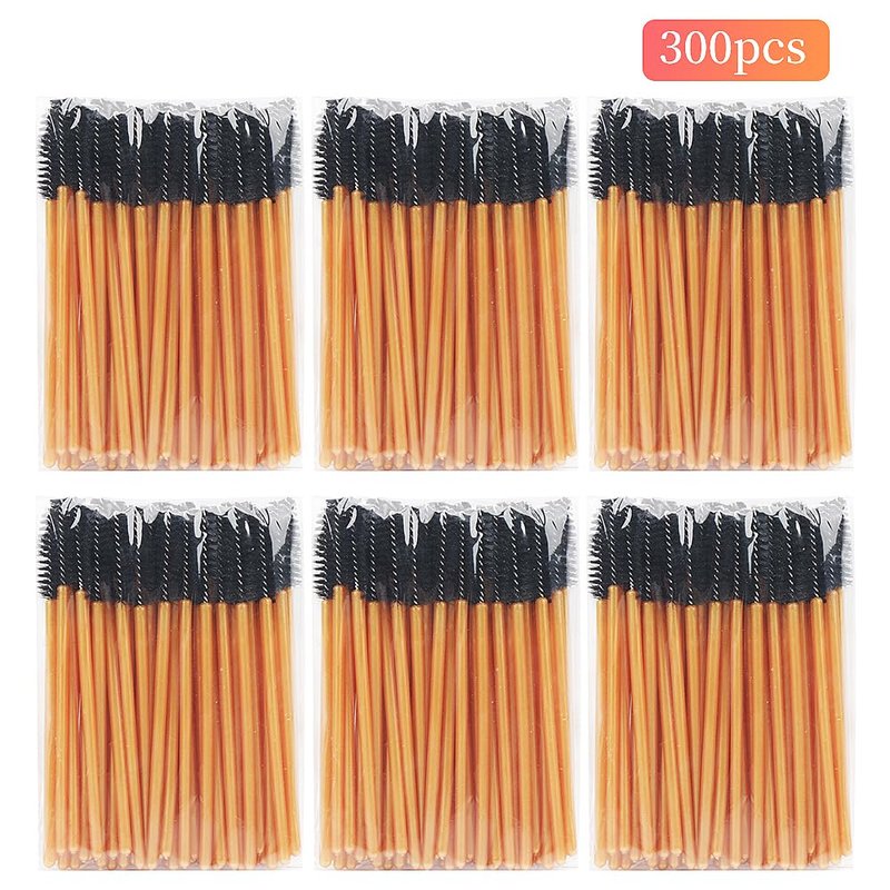 300 Pack Mascara Wands Disposable Eye Lash Brushes Eyebrow Brush Applicator for Eyelash Extensions Makeup Brush Applicator Tools, Gold/Black