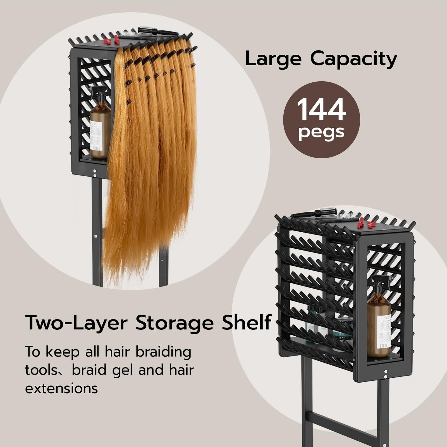 Yumkfoi Black Braiding Hair Rack, Double Sided Braid Rack with 4 Wheels and 2 Storage Shelf, Wooden Hair Racks for Braiders Standing Braid Rack, Hair Separator Stand for Hairstylists (144 Pegs)