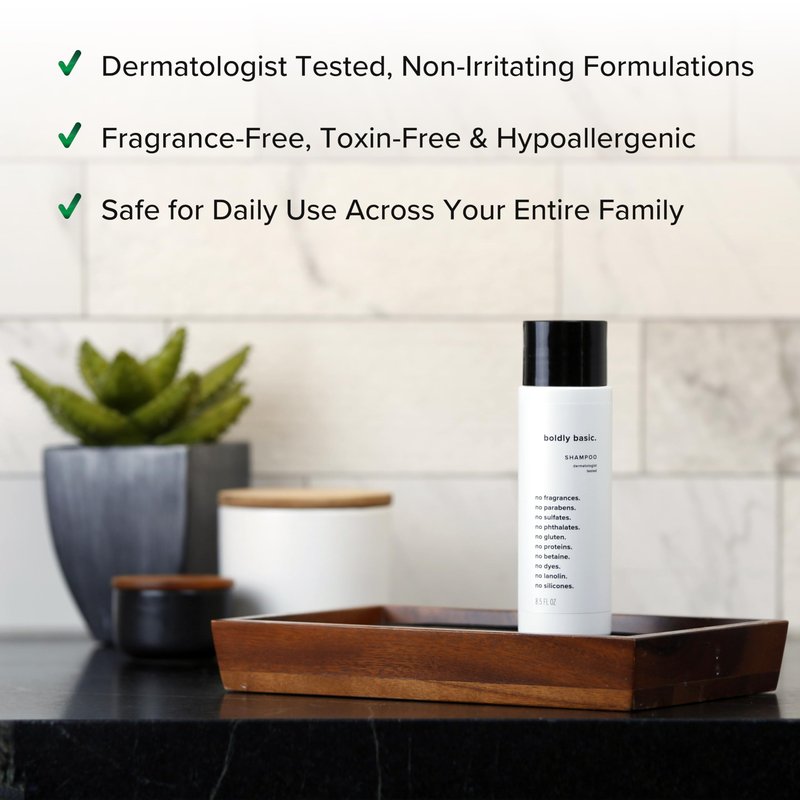 Boldly Basic Fragrance Free Shampoo - Gentle on Sensitive Skin and Hair - Unscented - Dermatologist Tested - No Sulfates, Parabens or Gluten - Non Comedogenic and Hypoallergenic