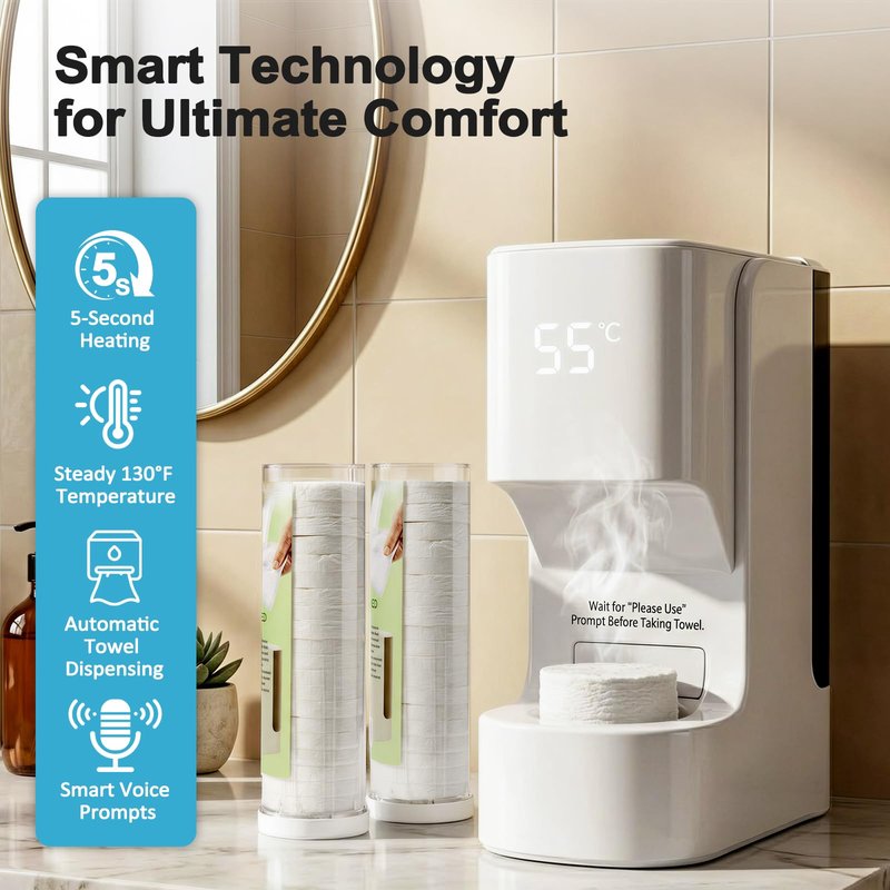 Hot Towel Dispenser, Smart Hot Face Towel Dispenser, 5-Second Rapid Heating, Automatic Heating & Dispensing, 131°F Constant Temperature, Includes 20 Compressed Towels, for Spa Bathroom & Home, White