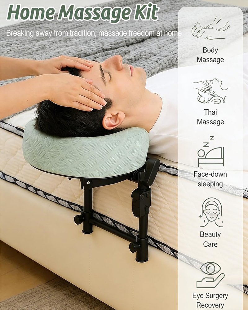 ivebed Massage Headrest for Bed, Adjustable Height Memory Foam Head Holder with Washable Pillow Cover, Portable Home Comfort Face Down Cradle Kit for Rest Neck Shoulder at Mattress (Green)