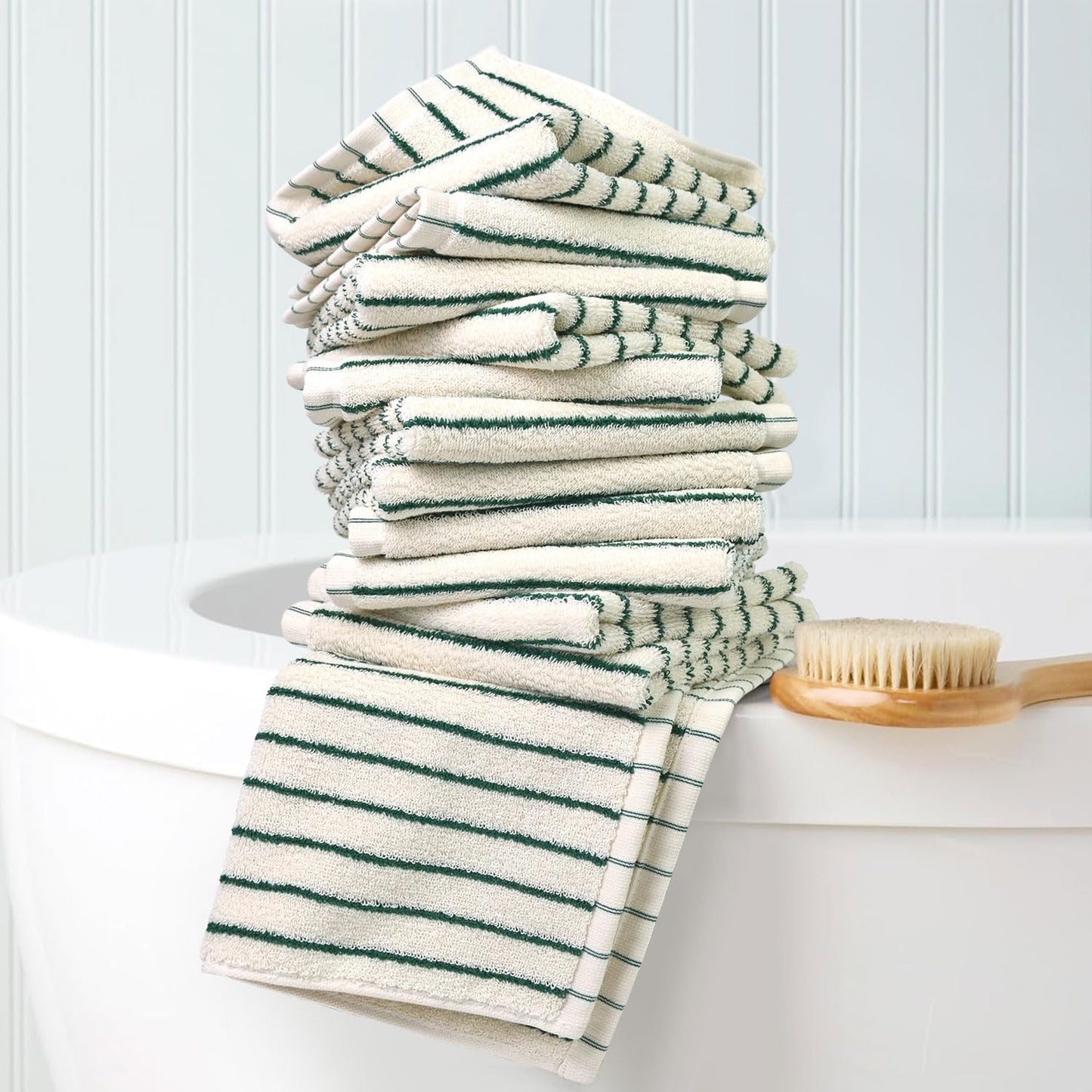 Jacquotha Striped Cotton Washcloths 12 Pack, 13” x 13” - Soft Wash Cloths for Bathroom, Kitchen, Gym, Face, Green and Cream
