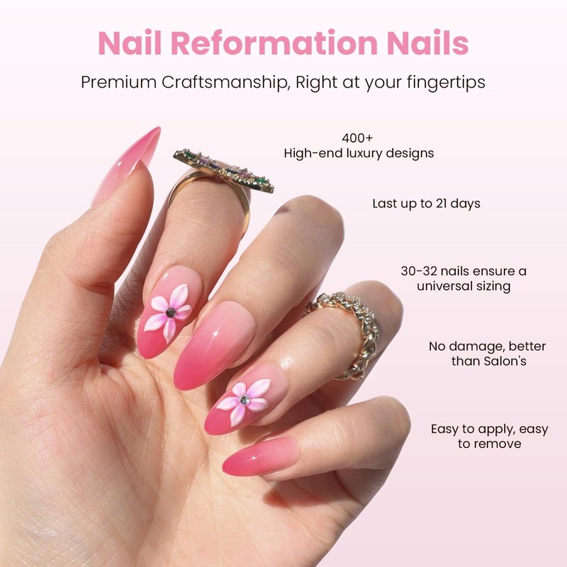Nail Reformation Press On Nails, Tropical Orchid | Pink to Magenta Ombré Medium Almond Fake Nails with 3D Accents, Glossy Reusable Stick On Nails Kit - 30 Pcs in 15 Sizes with Glue, Gifts for Women