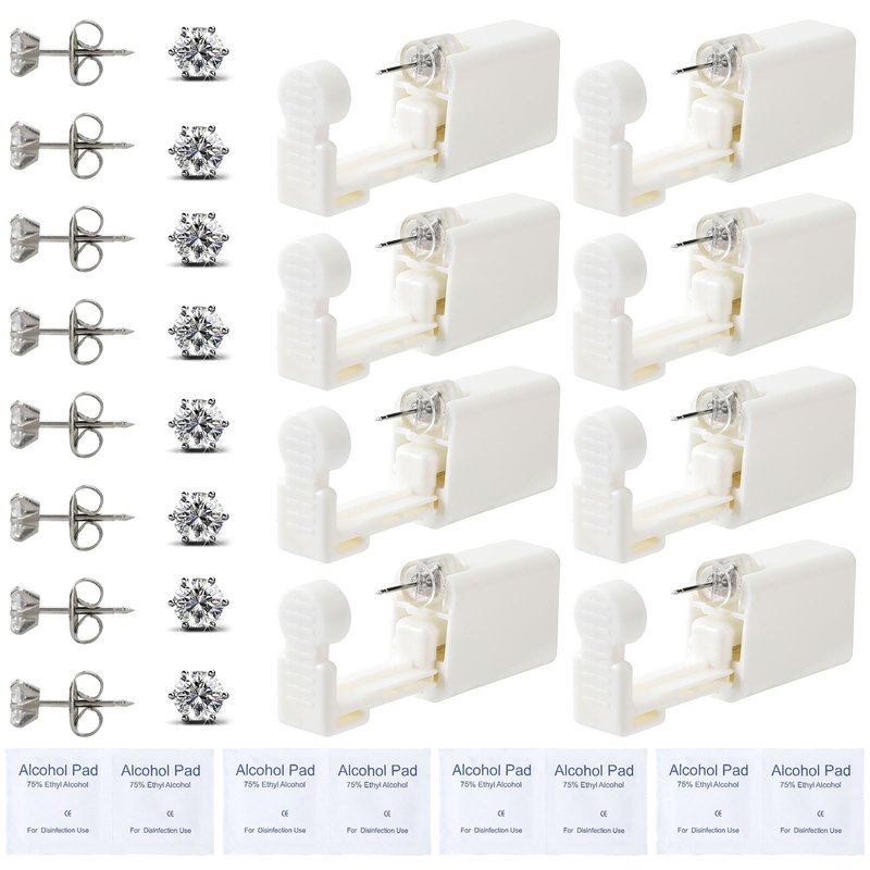 DIEWEISIMI Ear Piercing Kit - 8 Pack Disposable Ear Piercing Gun Kit with CZ Earring Studs, at Home Self Ear Piercing Gun Kit - 5MM Silver Earrings Stud