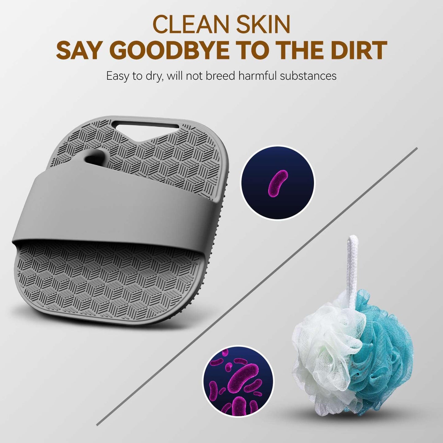 Silicone Body Scrubber for Men Women, Friendly Shower Body Scrubber for Sensitive Skin, Silicone Loofahfor Showering with Richer Foam Bristles and Anti-Slippery Handle, Gray