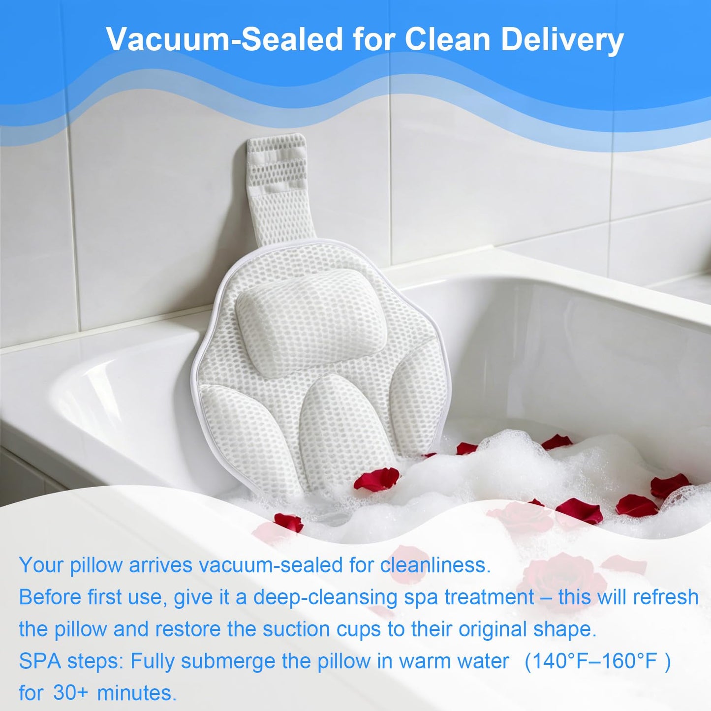 Extra Thick Petal-Shaped Bath Pillow for Head, Neck and Backrest, Extra Thick, Polyester, White, Anti-Slip Suction Cups, Washable, Luxury Spa Bathroom Accessories (Standard Store Size)