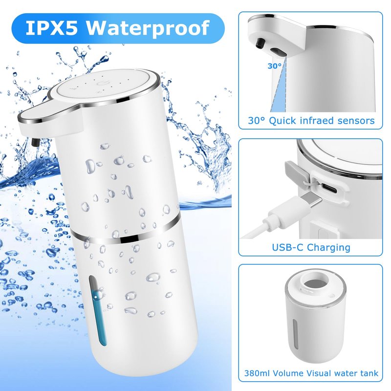 2 Pack Automatic Soap Dispensers,12.8oz/380ml USB Touchless Automatic Foaming Soap Dispenser,Rechargeabled Wall Mounted Smart Soap Dispenser for Bathroom Kitchen Dish Soap