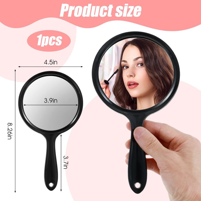 Bremorou Double Sided Mirror Handheld with Handle 1X/2X Magnifying Rounded Shape Small Hand Mirror with Handle, Acrylic Clear Finish Round Black