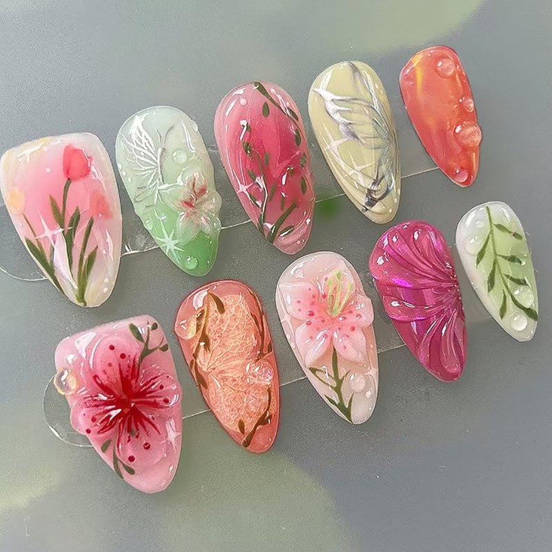 24Pcs Pink Flower Press on Nails Medium Almond Fake Nails 3D Floral Leaf with Silver Butterfly Designs Spring Summer False Nails Cute Colorful Full Cover Glue on Nails for Women Acrylic Manicure DIY