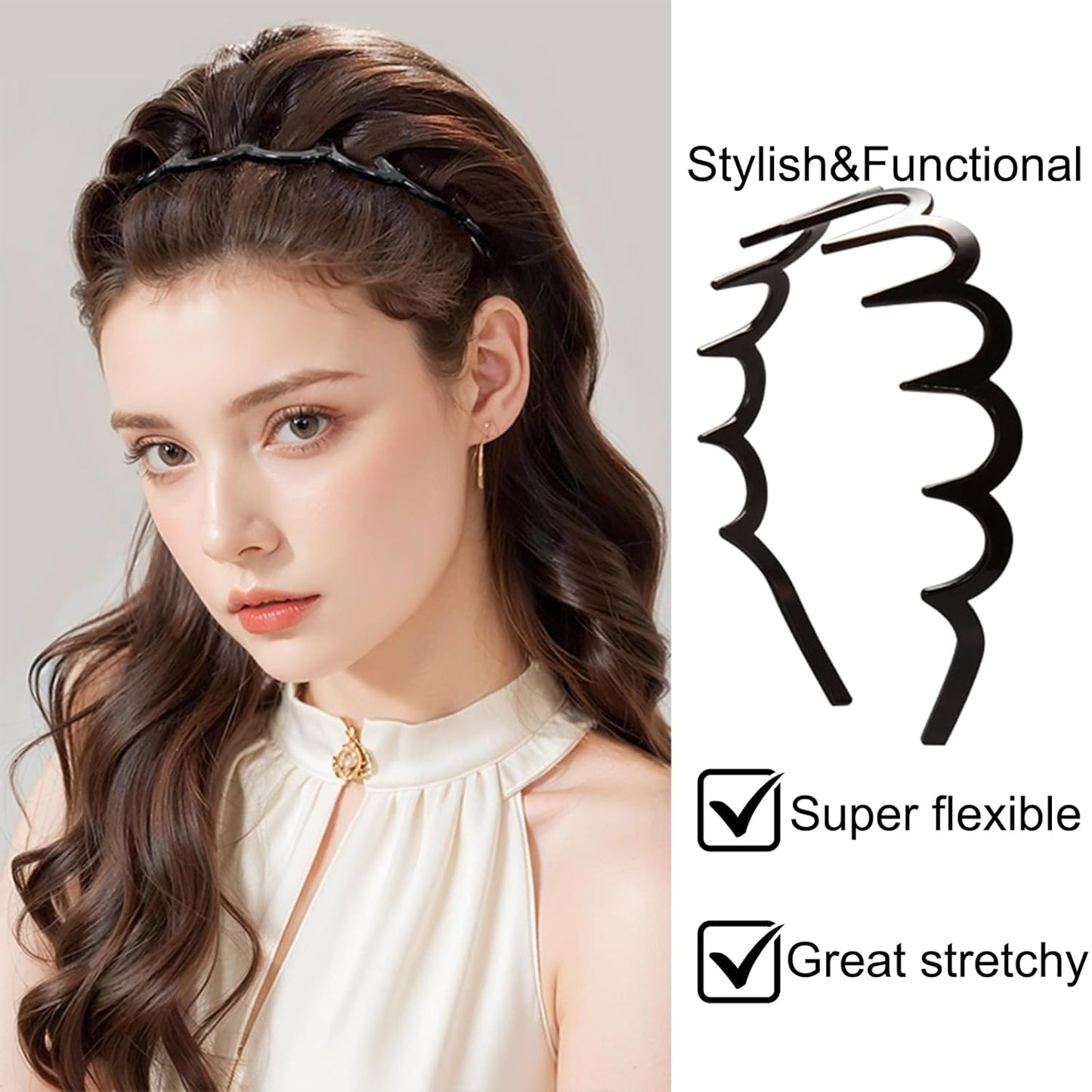 Zig Zag Headbands Set - 6 PCS Plastic Hair Accessories for Women & Men | Premium Bright Black