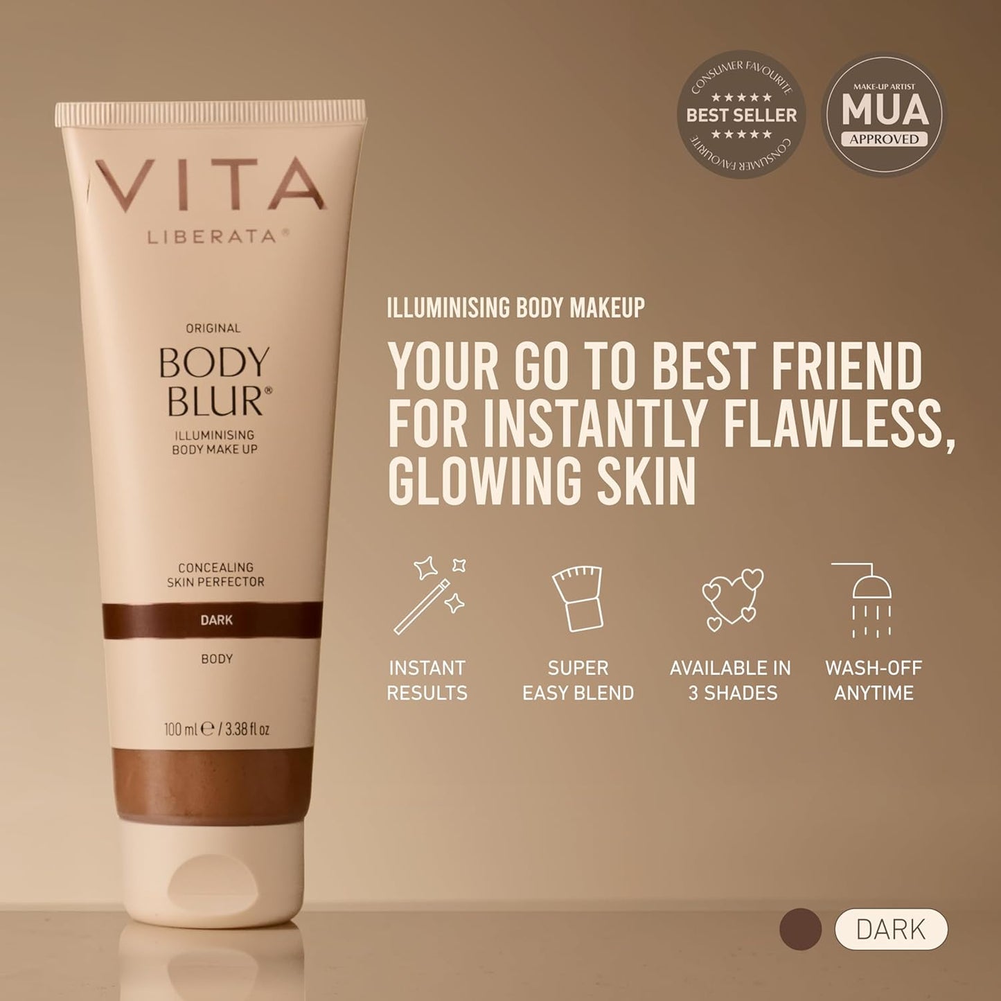 Vita Liberata Body Blur, Leg and Body Makeup. Skin Perfecting Body Foundation for Flawless Bronze, Easy Application, Radiant Glow, Evens Skin Tone, New Packaging