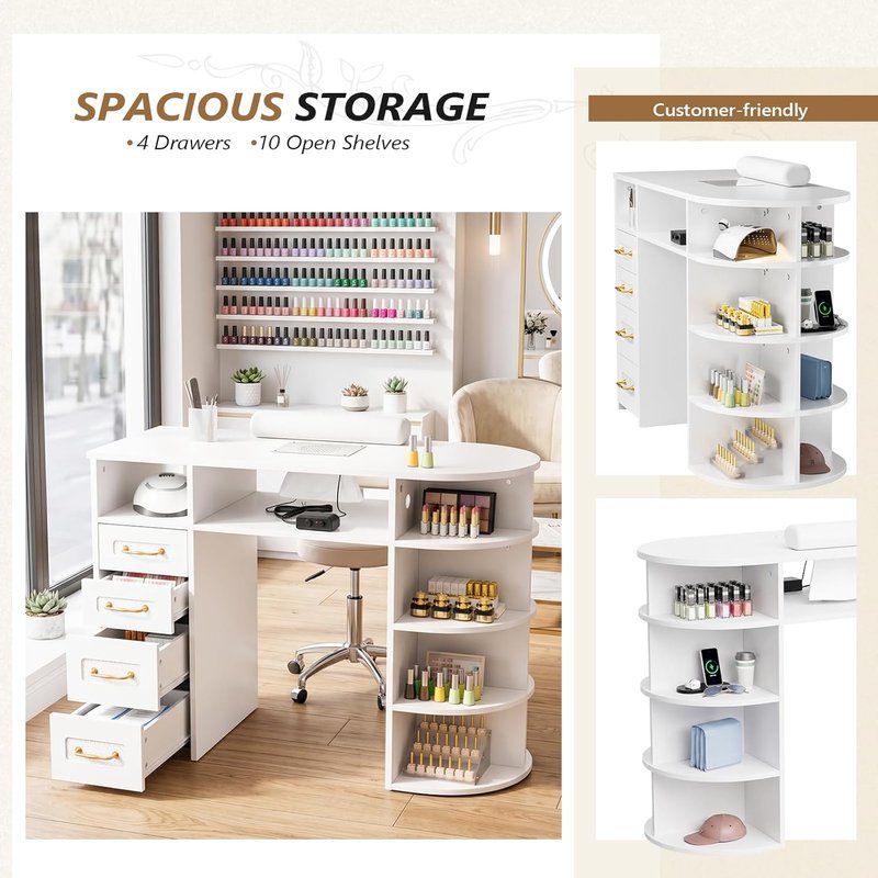 OmySalon Nail Desk - Professional Rattan Manicure Table with Electric Dust Collector & Storage Drawers (White)
