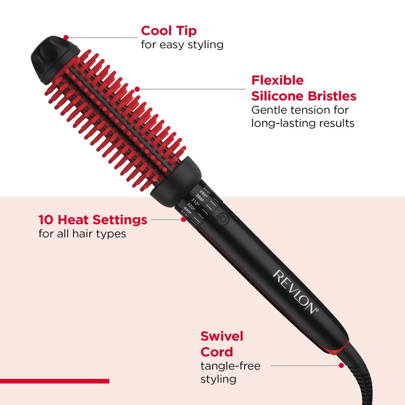 REVLON SmoothStay Coconut Oil Infused Heated Styling Brush, 1 Inch Thermal Round Curling Tool, Silicone Bristles, Adjustable Temperatures, Shiny Voluminous Finish, Black/Red