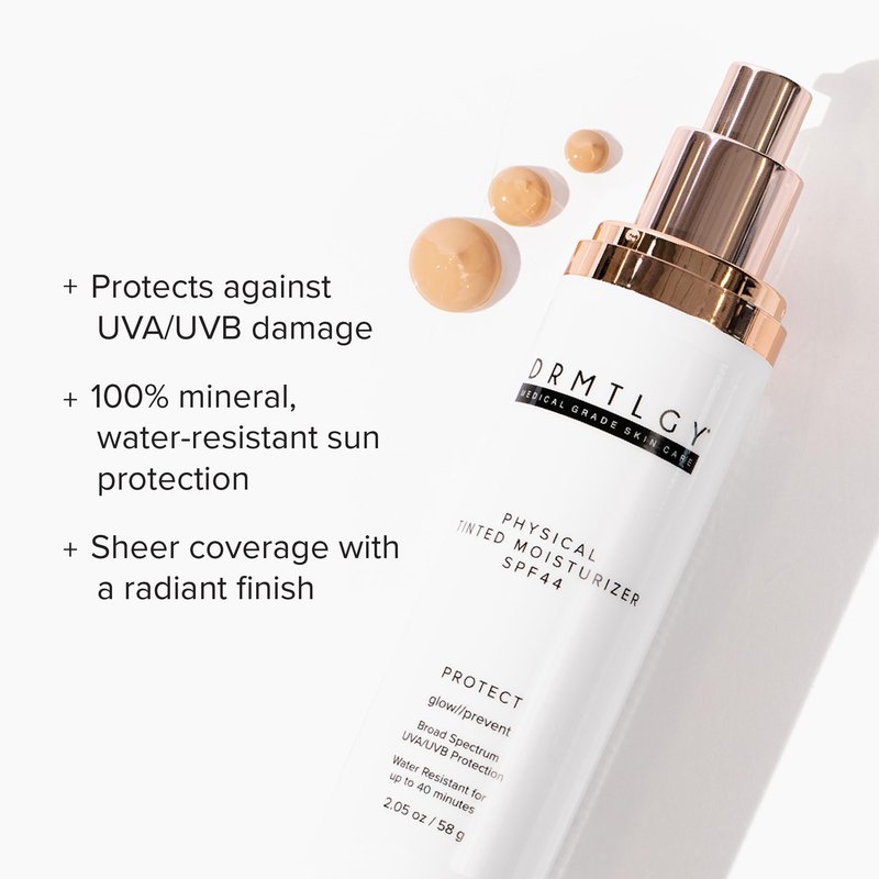 DRMTLGY Physical Tinted Moisturizer with SPF 44. Universal Tint. All-In-One Mineral Tinted Sunscreen and Foundation with Broad Spectrum Protection Against UVA and UVB Rays, 2.05 oz