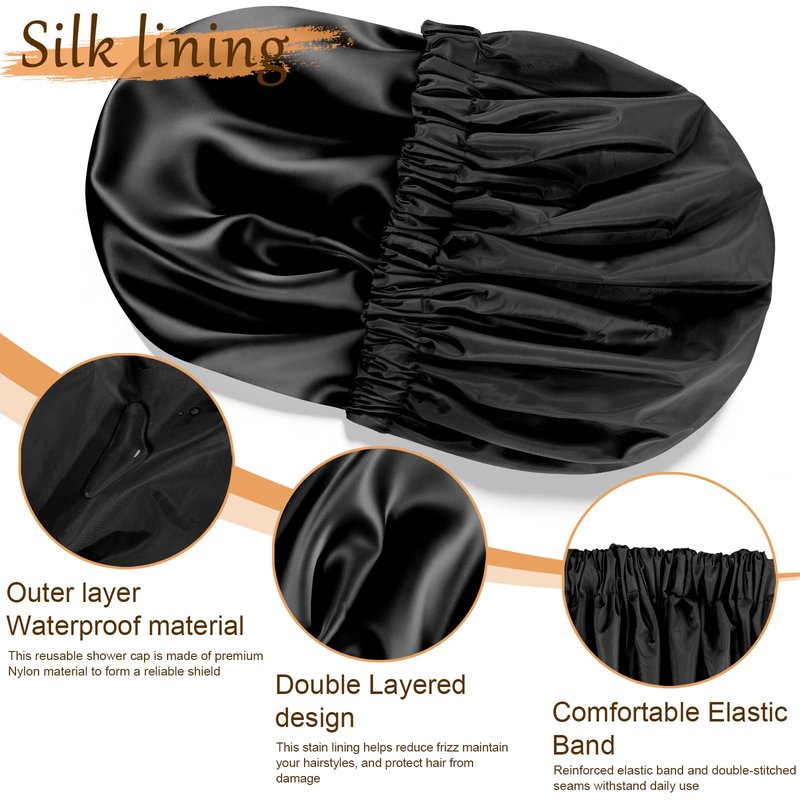 Doitory Shower Cap for Women, Reusable Waterproof Shower Cap Satin Lined with Soft Elastic Band, Large Washable Bath Caps(Black)