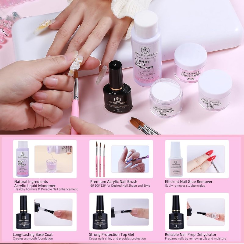 Skiennix Acrylic Nail Kit - 20g Clear White Pink Powder & Liquid Set for Beginners | Professional Tools for Home & Salon