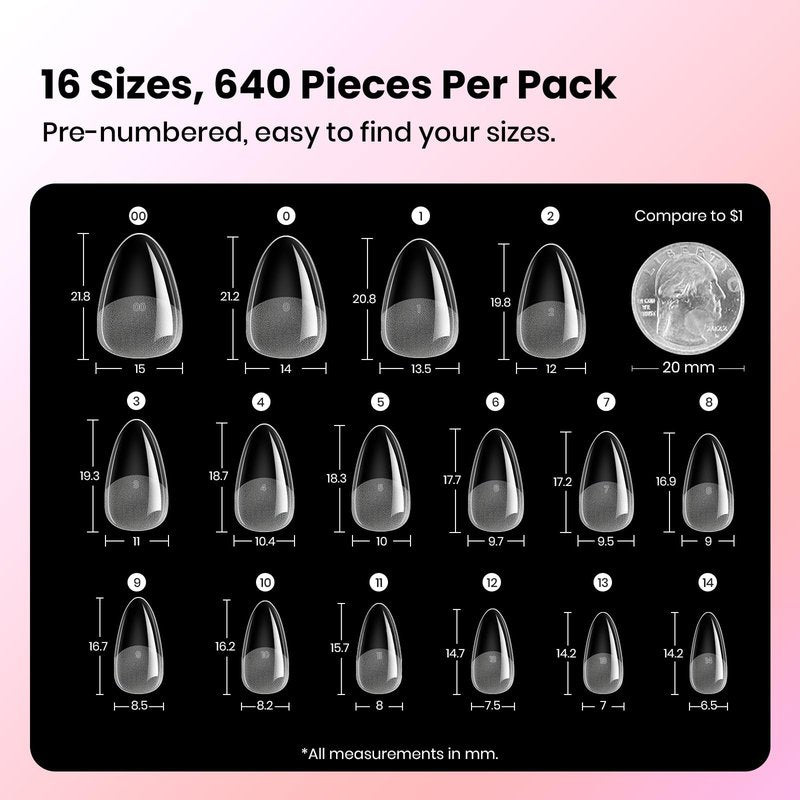Beetles Gel Almond Nail Tips Short, Curve-EX 640pcs 16 Sizes, Etch-X Half Matte Full Cover Soft Acrylic False Press on Nail Tips Easy DIY Nail Extension Art Salon for Curved & Natural Nail Beds