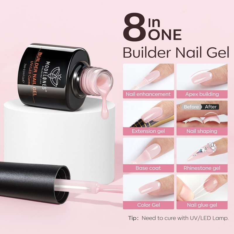 modelones Gel Polish Builder Nail Set, Builder Base Colors Jelly Nude Pink Hard Strengthener Rubber Gel Polish 8-in-One Extension LED Nail Lamp Cured 6 Colors