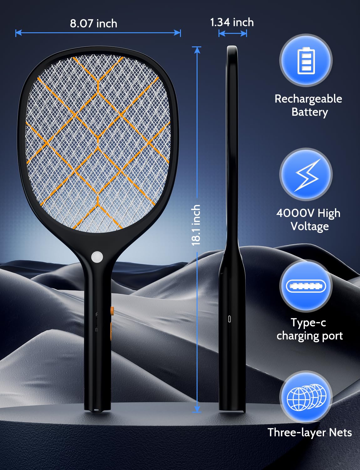 YISSVIC Electric Fly Swatter Bug Zapper Racket 4000V Rechargeable Mosquito Killer with LED Light for Indoor Home Office Backyard Patio Camping (1, Black Orange)