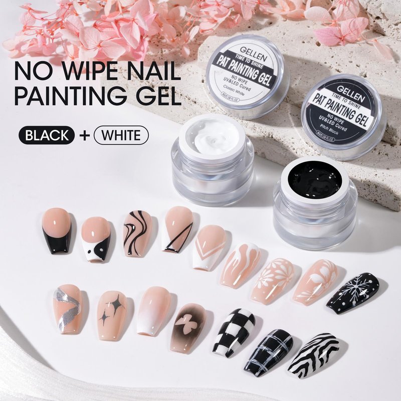 GELLEN Nail Painting Gel 2Pcs 8G Black & White No Wipe Pat Painting Nail Gel for Drawing Striper Liner Floral Painting Gel Polish Nail Art for Salon Home DIY Manicure, UV/LED Curing Required