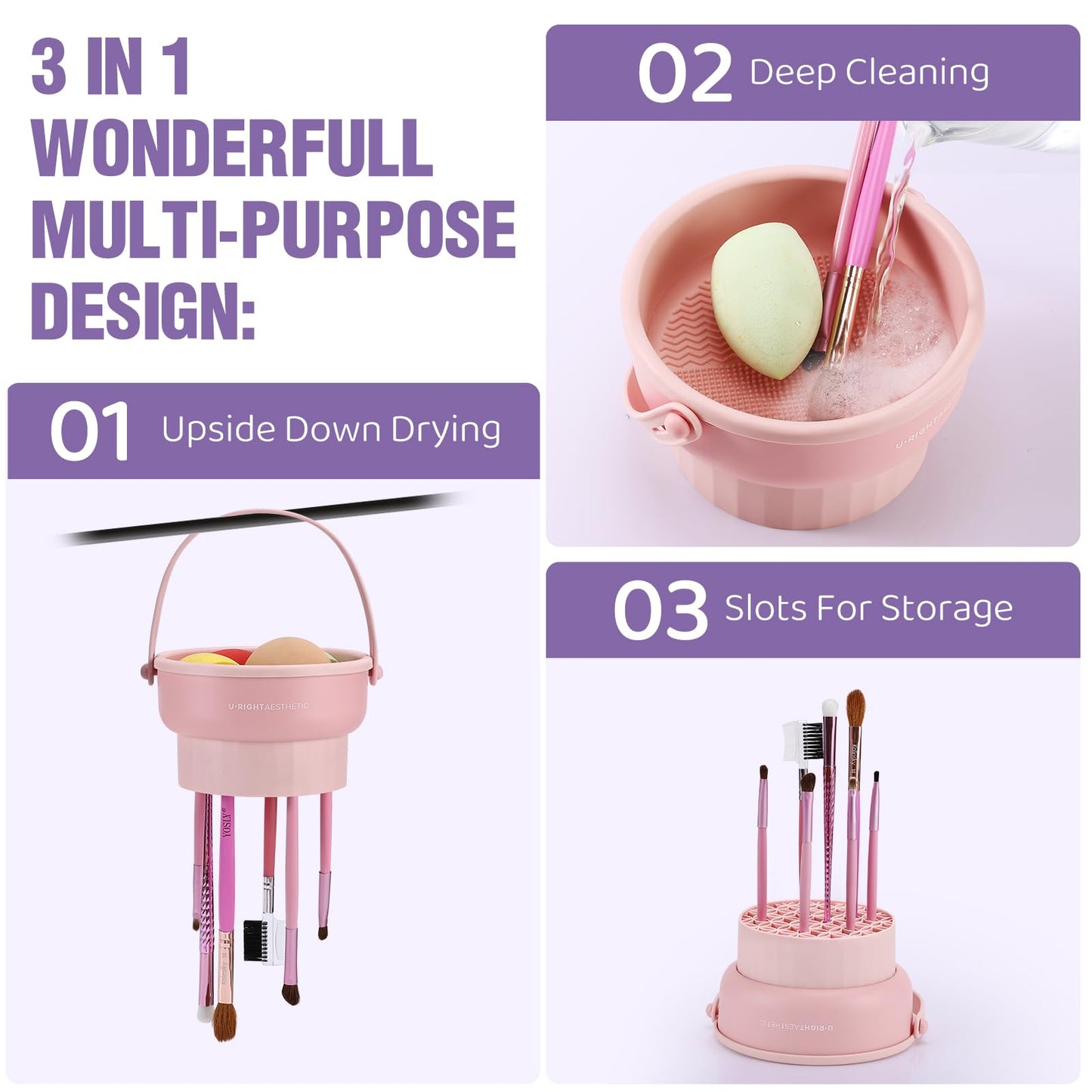 GOLIKEE Makeup Brush Cleaner Mat 3 in 1 Silicone Makeup Brush Cleaner Bowl Cosmetic Brushes Cleaning Tool Organizer for Storage and Air Drying (Purple)