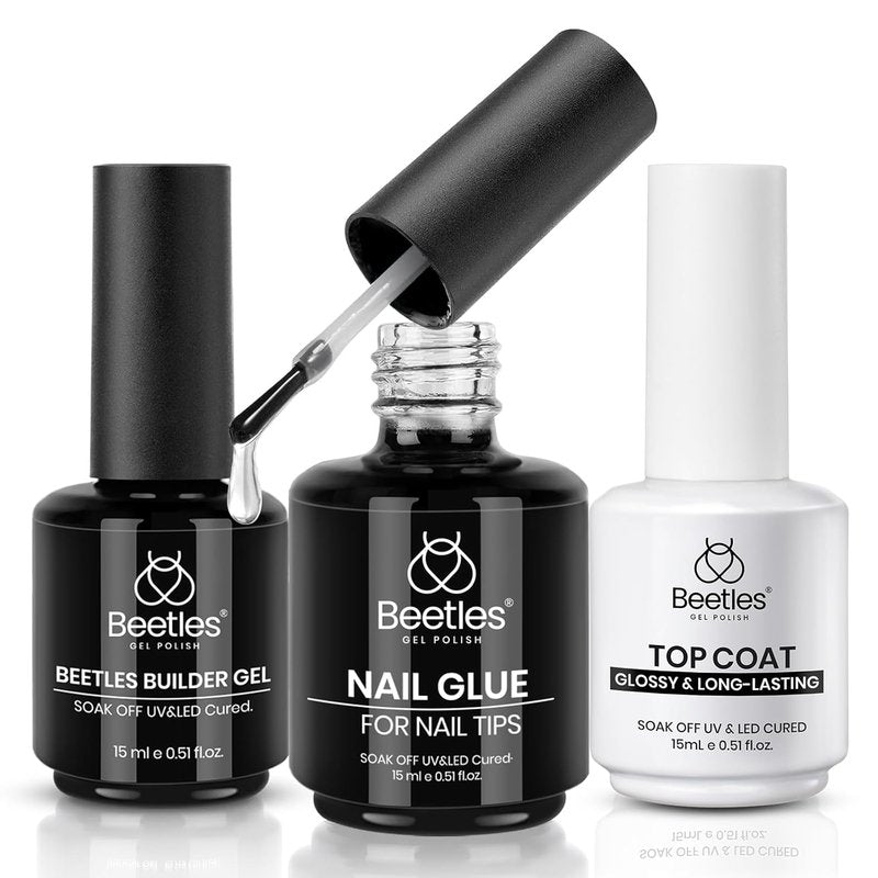 Beetles Gel Nail Glue Kit - 15ml Builder Gel & Extra Glossy Top Coat | Long-Lasting Shine for DIY Manicure