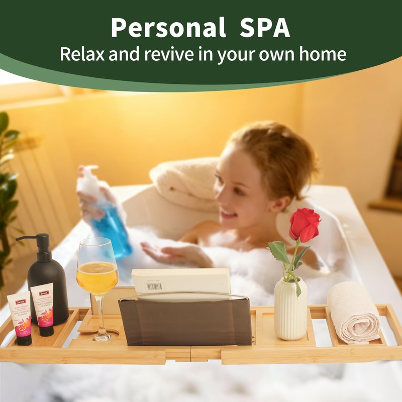 ARFETIGO Premium Bamboo Luxury Foldable Bathtub Tray - Natural Bamboo Bath Tray for Tub, Bamboo Bathtub Shelf, Expandable Bath Table Trays, Bathtub & Bathroom Accessories for New Home & Great Gifts